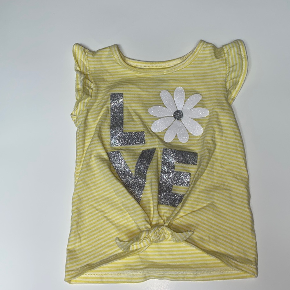 Carter’s 18M, yellow and white short sleeve tee, front tie knot, Love details
